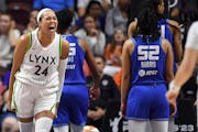 Lynx star Napheesa Collier celebrated after a basket during Sunday’s 82-75 playoff victory over the Sun in Uncasville, Conn.