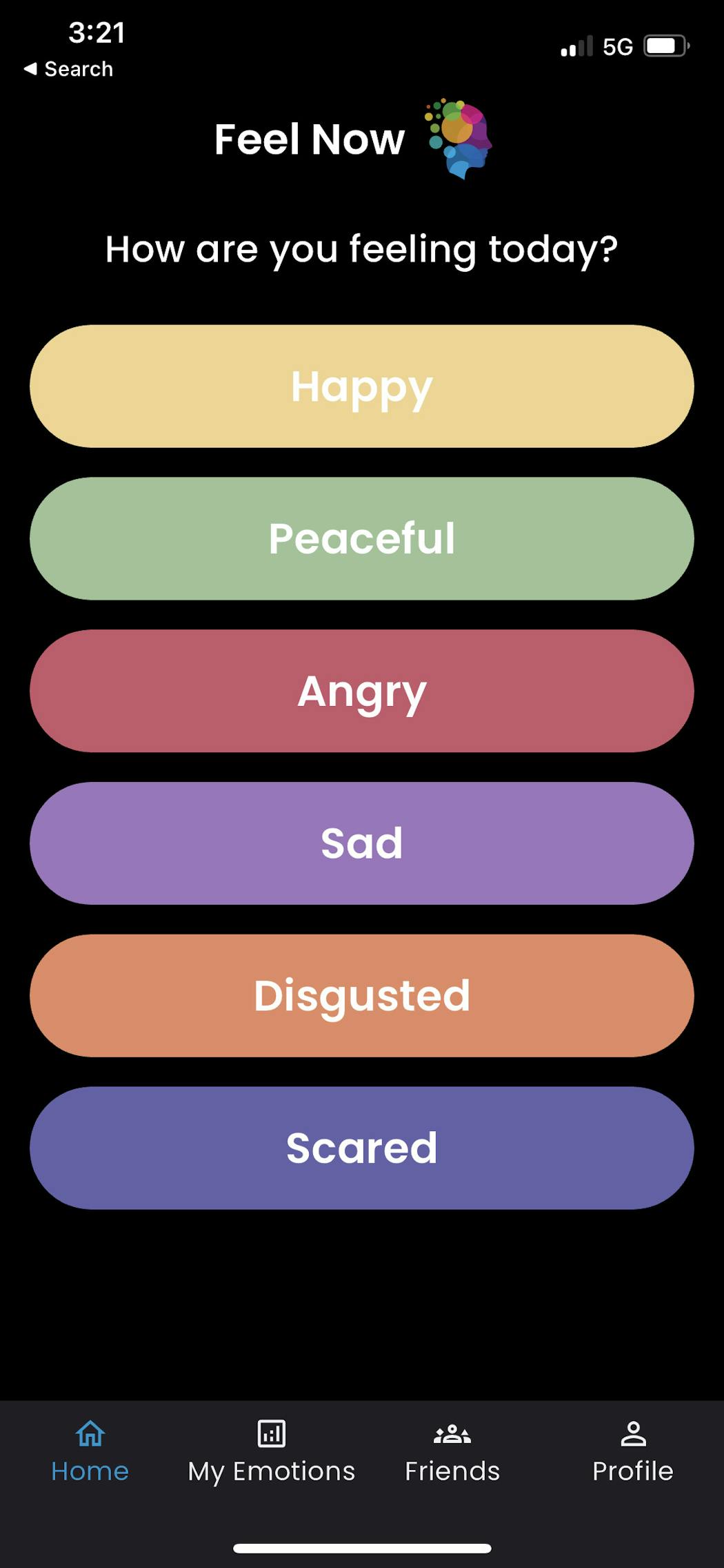 On the Feel Now main page, users can select an emotion that best describes how they’re feeling.