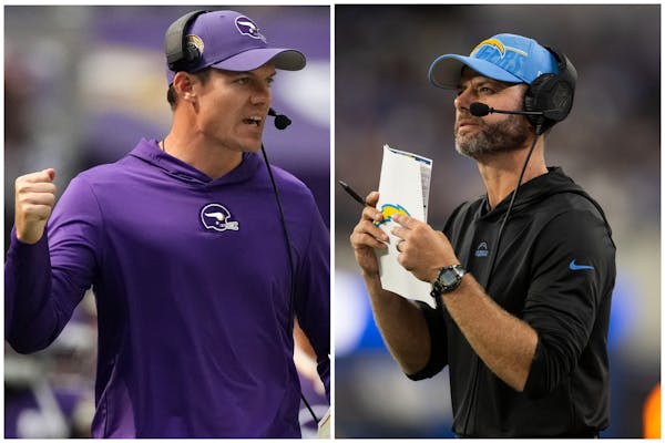 Vikings coach Kevin O’Connell, left, and Chargers coach Brandon Staley spent one season together with the Rams but each left regarding the other as 