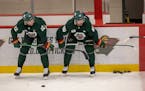 Minnesota Wild forwards Marcus Johansson, right, and Matt Boldy, left, took to the rink for drills during the second day of practice at Tria Rink in S