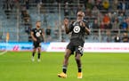 Minnesota United forward Bongokuhle Hlongwane (21) reacts after just missing a long pass in the first half against St. Louis City .