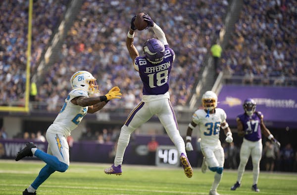 Justin Jefferson had seven catches for 149 yards and a touchdown in the Vikings loss Sunday. 
