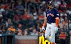 Astros shortstop Jeremy Peña walked back to the dugout after striking out against the Royals during the sixth inning Sunday in Houston.