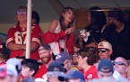 Taylor Swift watched the Chiefs-Bears game from a suite alongside Travis Kelce’s mother, Donna Kelce, left, in an Arrowhead Stadium suite Sunday.