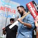 Striking Writers Guild of America members picket with striking SAG-AFTRA members outside Netflix studios on Sept. 18, 2023 in Los Angeles. 