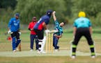 IBIL bowler Taufique Elahi Chowdhury throws the ball towards the wicket during a cricket match against India Market Legends Saturday, Sep. 23, 2023, a