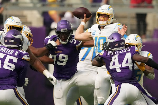 The Vikings blitzed Chargers quarterback Justin Herbert on more than 80% of his dropbacks Sunday.