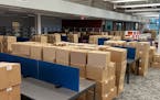 Boxes sit in the renovated Maplewood Ramsey County Library space. The library reopens Nov. 4.