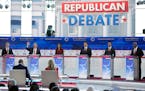 Republican presidential candidates, from left, North Dakota Gov. Doug Burgum, former New Jersey Gov. Chris Christie, former U.N. Ambassador Nikki Hale