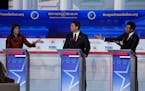From left, former U.N. Ambassador Nikki Haley, Florida Gov. Ron DeSantis and businessman Vivek Ramaswamy during Wednesday’s Republican presidential 