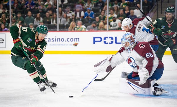 Wild left wing Kirill Kaprizov reached for his own rebound before he spun around and and scored on Avalanche goaltender Justus Annunen early in the fi