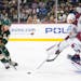 Wild left wing Kirill Kaprizov reached for his own rebound before he spun around and and scored on Avalanche goaltender Justus Annunen early in the fi