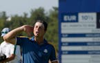 Europe’s Viktor Hovland celebrates on the 15th green after winning his singles match at the Ryder Cup golf tournament at the Marco Simone Golf Club 