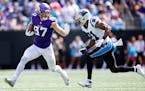 Minnesota Vikings tight end T.J. Hockenson (87) in the first quarter Sunday, October 1, 2023, at Bank of America Stadium in Charlotte, NC. ] CARLOS GO