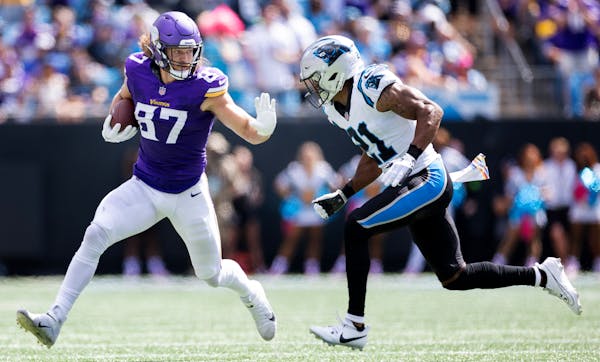 Minnesota Vikings tight end T.J. Hockenson (87) in the first quarter Sunday, October 1, 2023, at Bank of America Stadium in Charlotte, NC. ] CARLOS GO