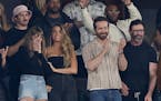 From left, Taylor Swift, Blake Lively, Ryan Reynolds and Hugh Jackman watched the Jets play host to the Chiefs on Sunday night in East Rutherford, N.J