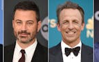 This combination of images shows, from left, Jimmy Fallon, Jimmy Kimmel, Seth Meyers, and Stephen Colbert. The late-night hosts are scheduled to retur