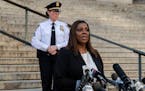 New York Attorney General Letitia James speaks outside New York Supreme Court ahead of former President Donald Trump’s civil business fraud trial on