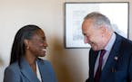 Senate Majority Leader Chuck Schumer (D-N.Y.) meets with incoming Sen. Laphonza Butler (D-Calif.) in his office on Capitol Hill in Washington on Tuesd