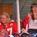 Donna Kelce, left, mother of Chiefs tight end Travis Kelce, watched the game against the Chicago Bears with pop superstar Taylor Swift, center, on Sep