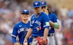 Blue Jays pitcher José Berríos, a former Twin, reacted to being pulled from the game after giving up a leadoff walk in the fourth inning Wednesday d