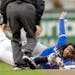 Twins shortstop Carlos Correa applied the tag as Toronto’s Vladimir Guerrero Jr. was picked off second base in the fifth inning Wednesday.