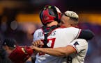 Twins closer Jhoan Duran hugged catcher Ryan Jeffers after finishing off the Blue Jays in a 2-0 victory Wednesday at Target Field.