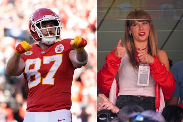 Travis Kelce and Taylor Swift during the Kansas City Chiefs vs. Chicago Bears football game on Sunday, Sept. 24, 2023.