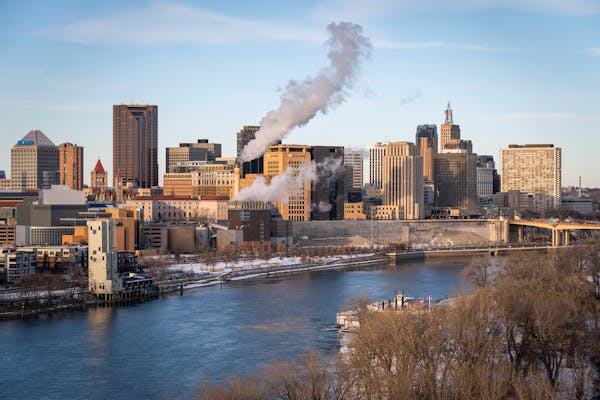 The skyline of downtown St. Paul seen from the Smith Avenue Bridge in February 2020.