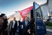 Dean Phillips stepped off of his campaign bus at the New Hampshire Statehouse in Concord where he filed a declaration of candidacy to run in the state
