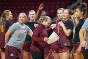 Gophers women’s basketball coach Dawn Plitzuweit, middle, will be making her Williams Arena head coaching debut Wednesday night.