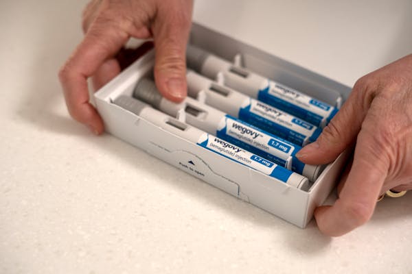 A box containing injectable vials of the weight-loss drug Wegovy in Brighton, Mich.
