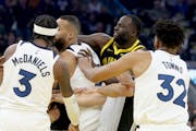 Warriors forward Draymond Green was suspended for five games by the NBA on Wednesday for putting a choke hold on Wolves center Rudy Gobert during a fi