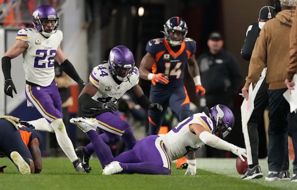 The Vikings had three turnovers Sunday and  missed a pair of chances for takeaways, including this fumble forced by Ivan Pace Jr. that slipped out of 