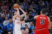 Former Minnehaha Academy star Chet Holmgren of the Thunder, who shot over Chicago’s Nikola Vucevic in a game last week, has helped Oklahoma City get