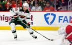 Jonas Brodin of the Wild took a shot during Sunday’s 4-1 loss to the Red Wings in Detroit.