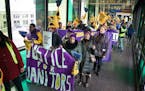 SEIU workers marched through the skyways of St Paul in 2019 to highlight the issue of wage theft. 