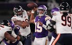 Vikings quarterback Joshua Dobbs, often under pressure Monday night, threw four interceptions.