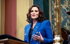 FILE - Michigan Gov. Gretchen Whitmer delivers her State of the State address to a joint session of the House and Senate, Jan. 25, 2023, at the state 