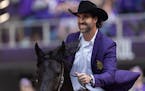Former Vikings Jared Allen rode a horse to his  Ring of Honor ceremony in October 2022. 