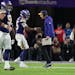 Vikings head coach Kevin O’Connell shook quarterback Joshua Dobbs (15) hands after he threw a fourth quarter touchdown Monday.