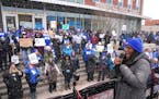 Marcia Howard, acting president of the Minneapolis Federation of Teachers, spoke at a 2022 rally after the Minneapolis school district reached a tenta