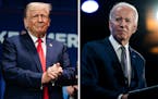 In a two-photo combo, Donald Trump during a campaign event in Wolfeboro, N.H., on Oct. 9, 2023; and President Joe Biden at a welcome reception for Asi