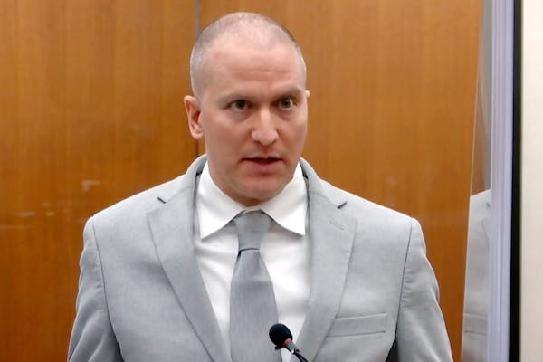  In this image taken from video, former Minneapolis police Officer Derek Chauvin addresses the court at the Hennepin County Courthouse, June 25, 2021,