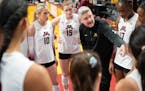 Gophers volleyball coach Keegan Cook spoke to his team before taking on Purdue on Nov. 10