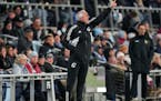 Minnesota United interim head coach Sean McAuley instructed players during the team’s game the Los Angeles Galaxy on Oct. 7 at Allianz Field.