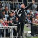 Minnesota United interim head coach Sean McAuley instructed players during the team’s game the Los Angeles Galaxy on Oct. 7 at Allianz Field.