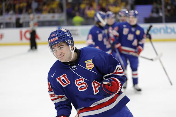 Gophers sophomore Jimmy Snuggerud celebrated his goal against Finland on Thursday in the semifinals of the world junior hockey tournament in Sweden.